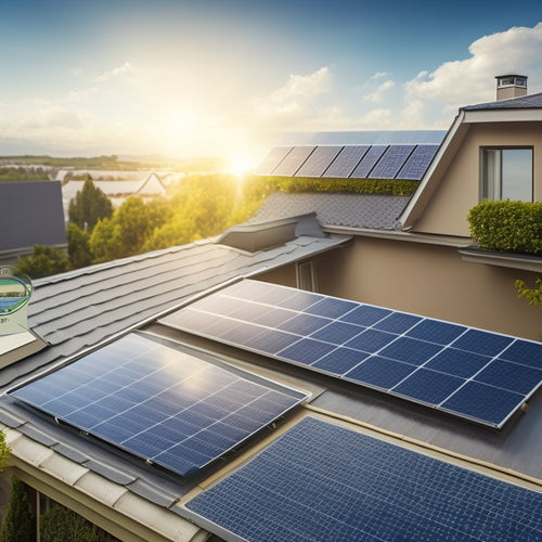 An illustration of a residential rooftop with solar panels, a magnifying glass zoomed in on a single panel with a shield or badge emblem, surrounded by a subtle background of warranty certificates and contracts.