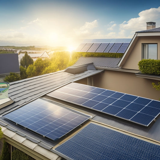 An illustration of a residential rooftop with solar panels, a magnifying glass zoomed in on a single panel with a shield or badge emblem, surrounded by a subtle background of warranty certificates and contracts.