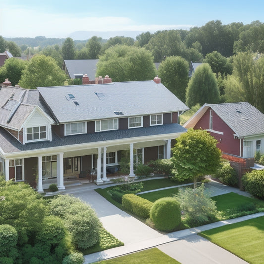 A sunny suburban neighborhood with various residential rooftops, some equipped with sleek, black solar panels, and a few with measuring tapes and calculators placed on them, surrounded by lush green trees.