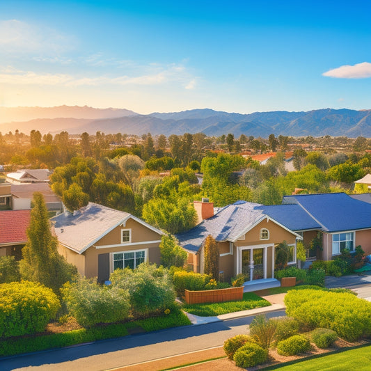 A sunny California landscape with a suburban neighborhood in the background, featuring rooftops adorned with sleek solar panels, surrounded by lush green trees and a bright blue sky with fluffy white clouds.