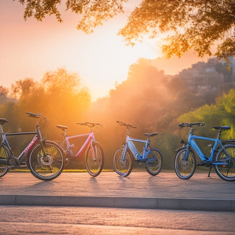 A serene urban landscape at dawn, with multiple electric bicycles of varying designs and colors parked in a row, surrounded by lush greenery and a subtle cityscape in the background.