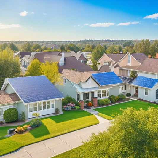 A serene suburban neighborhood with a mix of traditional and modern homes, each with a distinctively designed solar panel array on their rooftops, against a clear blue sky with a few puffy white clouds.