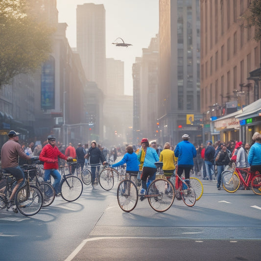 A busy city street with multiple unicycles of different models and colors, each with a delivery package or bag attached, riding in different directions, amidst pedestrians and cyclists.