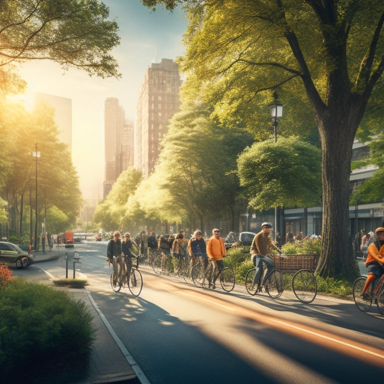 Illustrate a vibrant cityscape with a mix of cyclists, pedestrians, and electric/solar-powered vehicles, amidst lush greenery and trees, showcasing a harmonious blend of transportation and nature.