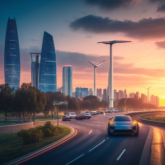 A futuristic cityscape at dusk with sleek, electric vehicles zooming past a backdrop of lush greenery, wind turbines, and modern skyscrapers, with a subtle glow of charging stations.