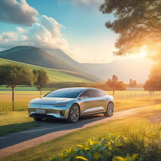 An illustration of a sleek, silver electric vehicle parked in front of a solar panel array, with sunbeams shining down, amidst a lush green landscape with a few wind turbines in the distance.