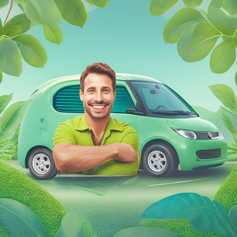 An illustration of a smiling, eco-friendly driver, surrounded by lush greenery, holding a car battery with a green leaf pattern, and a subtle background of a recycling symbol.