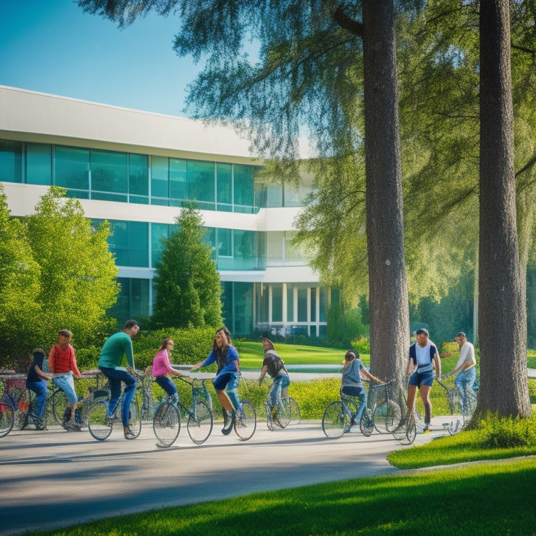 A scenic college campus with a mix of students riding sleek, colorful bicycles, scooters, and skateboards, amidst lush greenery and modern architecture, under a bright blue sky.