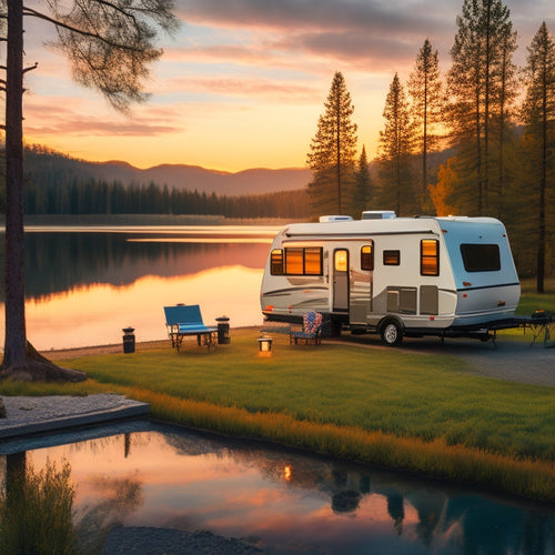 Illustrate a serene campsite at sunset with a sleek RV parked beside a tranquil lake surrounded by lush trees, featuring a roof-mounted solar panel array and a battery monitor display on the RV's exterior.