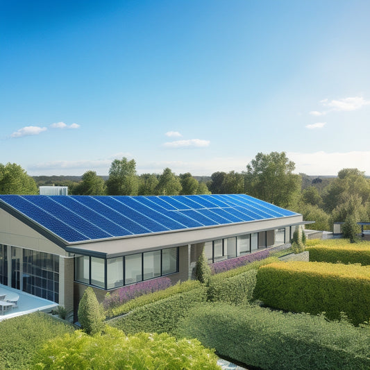 A serene residential rooftop with sleek, black high-efficiency solar panels installed, surrounded by lush greenery, under a bright blue sky with a few puffy white clouds, conveying eco-friendliness and modernity.