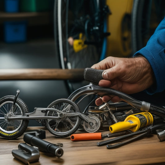 A close-up of a person's hands holding a wrench, surrounded by bike parts and tools, with a folding bike in the background, partially converted to electric with wires and a battery pack visible.