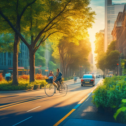 Illustrate a vibrant cityscape with a mix of cyclists, pedestrians, and electric/hybrid vehicles, surrounded by lush greenery, with a prominent bike lane and a subtle sun or leaf pattern in the background.