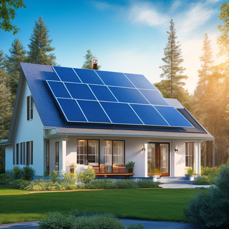 An illustration of a modern suburban home with solar panels installed on the roof, surrounded by trees and a bright blue sky, with a subtle grid of dollar signs ($) fading into the background.