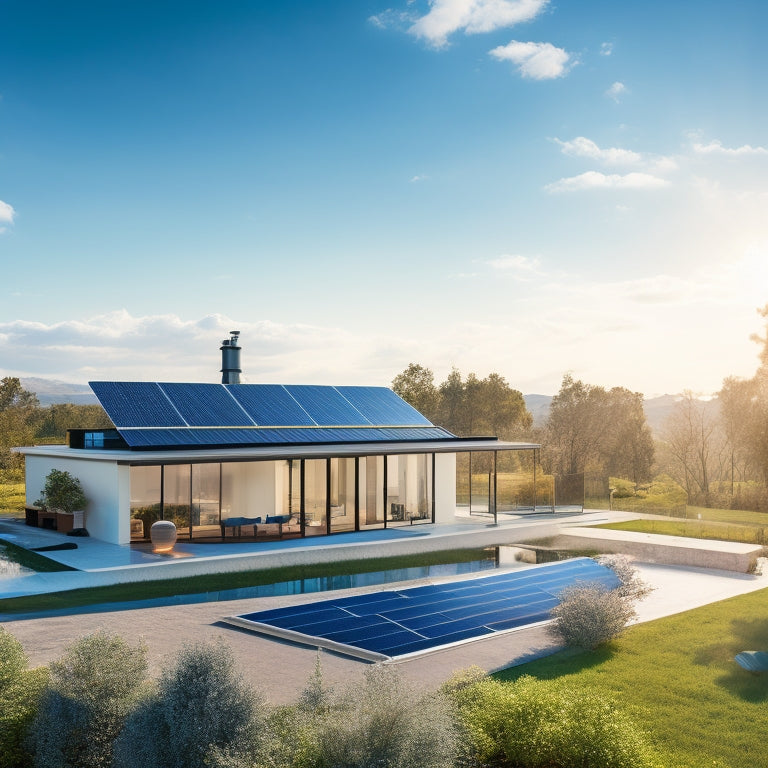 A serene landscape with a modern house in the background, featuring a sleek rooftop covered in high-efficiency solar panels, set against a bright blue sky with a few puffy white clouds.