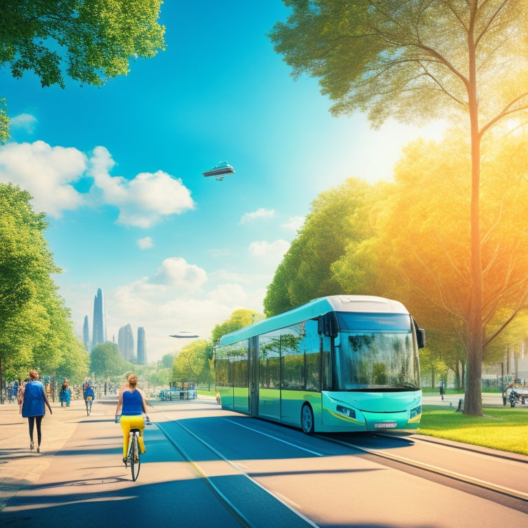 An illustration of a futuristic cityscape with sleek, electric buses and trams, surrounded by lush greenery, with people cycling and walking along tree-lined paths, under a bright blue sky with a few fluffy clouds.