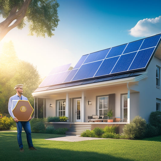 An illustration of a person standing in front of a house with solar panels on the roof, holding a certificate with a shield emblem, surrounded by greenery and a sunny sky.