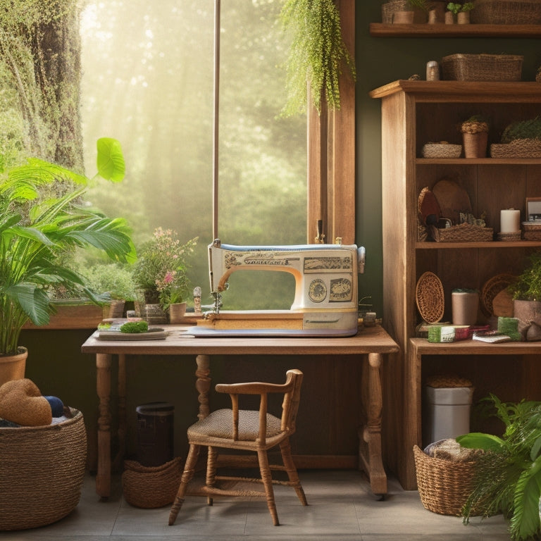 A serene, well-organized workspace with a wooden desk, surrounded by lush greenery, featuring a solar-powered sewing machine, a basket of eco-friendly craft supplies, and a few handmade, sustainable crafts.