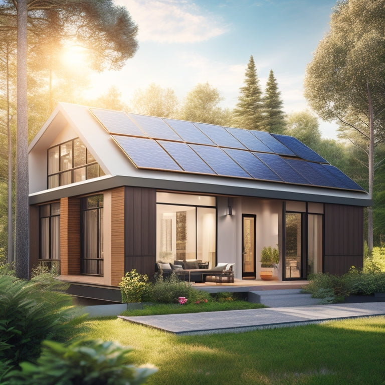 An illustration of a modern, eco-friendly home with solar panels on the roof, surrounded by lush greenery, with a subtle sun shining in the background, casting a warm glow.