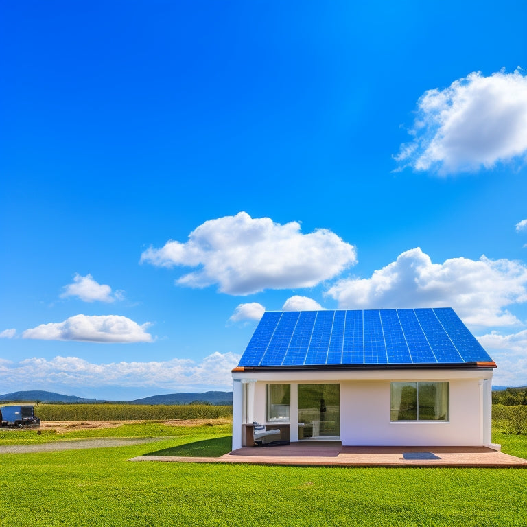 A bright blue sky with a few white, puffy clouds, a modern eco-friendly home with a sleek solar panel roof, and a laptop in the foreground with a shopping cart icon on the screen.