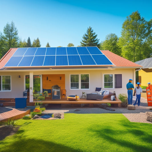 A sunny backyard with a modern house, solar panels installed on the roof, a worker in a hard hat and vest inspecting the panels, and a ladder leaning against the roof.