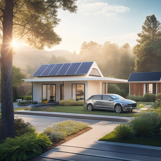 A serene, sun-kissed suburban landscape with a sleek, silver electric vehicle parked in a driveway, adjacent to a rooftop covered in sleek, black solar panels, amidst lush greenery.