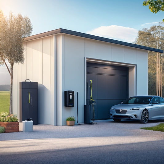 An illustration of a modern home's garage with three different EV charging station designs: a sleek wall-mounted unit, a freestanding pedestal, and a compact foldable charger, amidst a minimalist background.