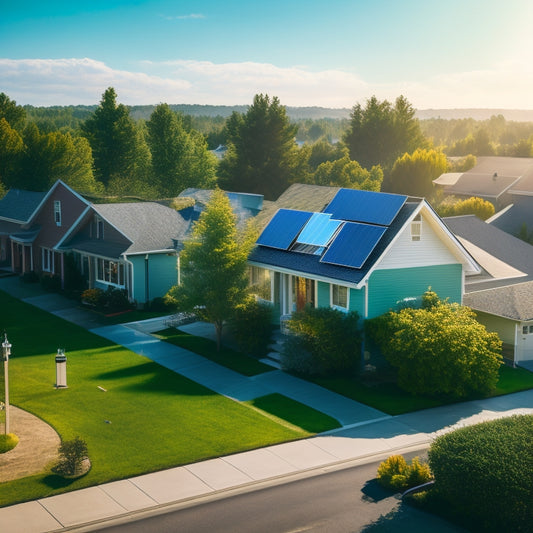 A serene suburban neighborhood with solar panels on rooftops, a bright blue sky with fluffy white clouds, and a subtle decrease symbol (−) made up of tiny houses and dollar signs.