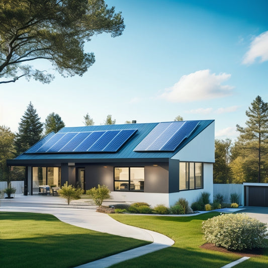 A serene suburban home with a sleek, modern design, featuring a rooftop covered in a series of sleek, black solar panels, set against a bright blue sky with a few wispy clouds.