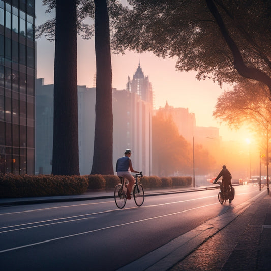 A serene cityscape at dawn with a lone cyclist riding an electric bike on a bike lane, amidst a blurred background of trees and buildings, with a faint sunrise glow.