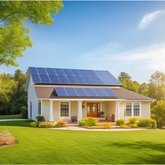 A serene suburban home with solar panels installed on its rooftop, surrounded by lush green trees and a bright blue sky with a few white, puffy clouds.