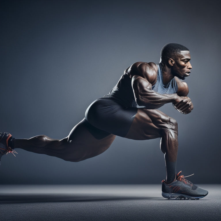 A sprinter in a dynamic pose, bursting out of the starting blocks, with speed lines and motion blur surrounding their legs and arms, set against a dark grey or black background.