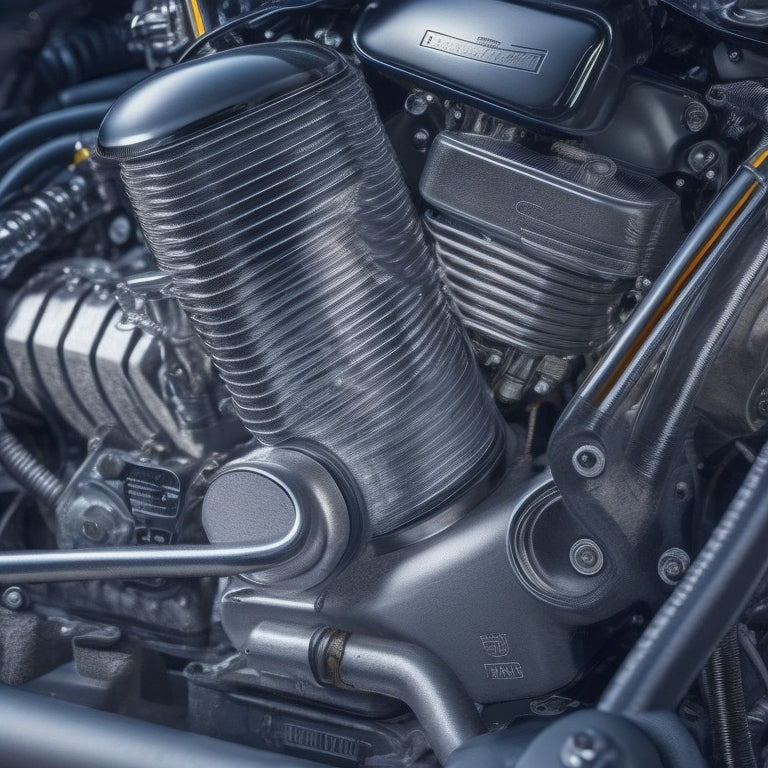 A dramatic, close-up image of a high-performance motorcycle's engine, with a sleek, high-tech battery prominently displayed, surrounded by gleaming silver components and wires, set against a dark, gradient background.