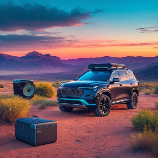 A futuristic, sleek, black SUV parked in a scenic outdoor setting, with a rugged, high-tech portable charger and various devices (smartphone, tablet, portable speaker) scattered around it, all connected by colorful cables.