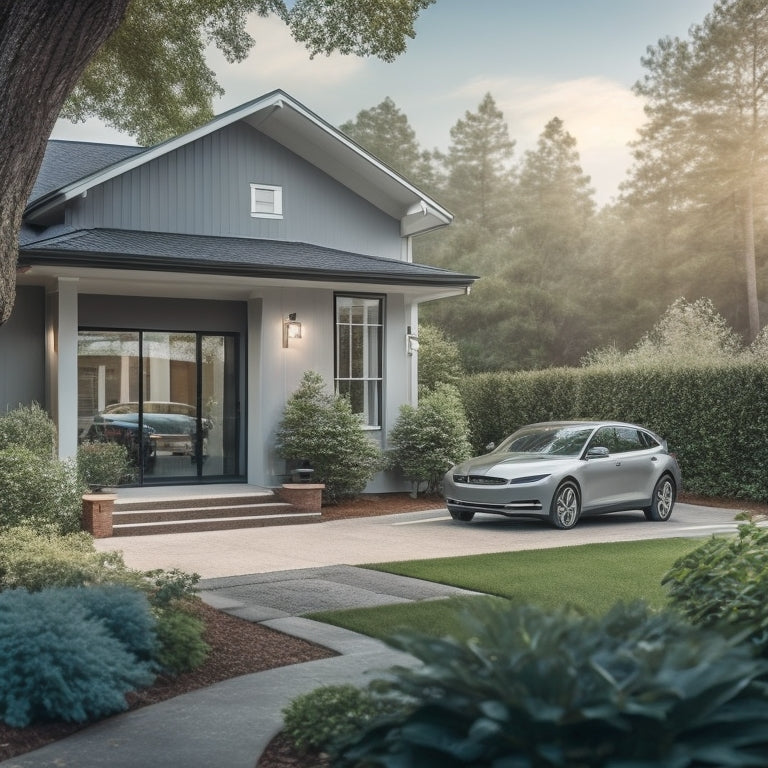 A serene suburban home with a sleek, silver electric vehicle parked in the driveway, surrounded by lush greenery, with a modern, wall-mounted charging station and a winding pathway leading to the front door.