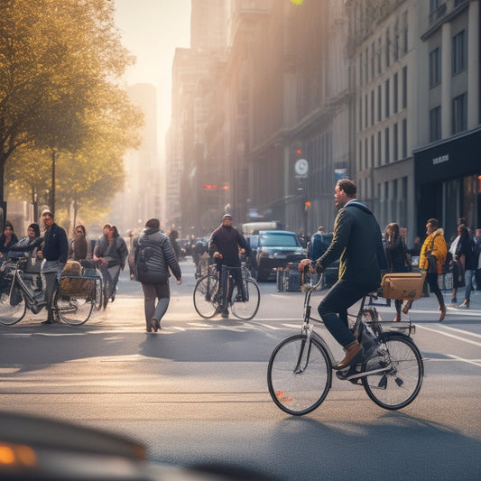 A bustling city street with a commuter on a sleek, converted electric bike, surrounded by blurred pedestrians and cars, with a subtle urban landscape in the background.