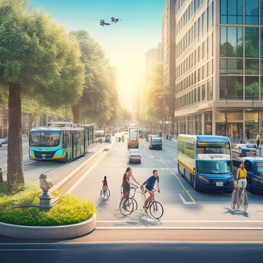 An illustration of a bustling cityscape with a variety of eco-friendly vehicles, including sleek electric bicycles, a hydrogen fuel cell bus, and a pedestrian-friendly streetscape with lush greenery.