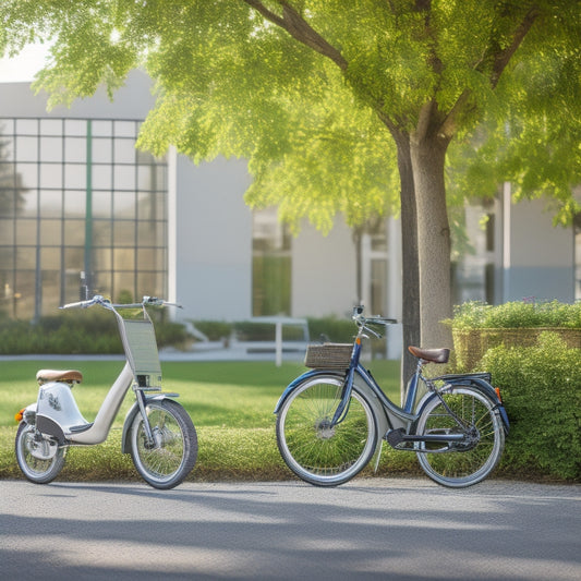 A serene campus scene with a mix of eco-friendly vehicles: a sleek, silver electric scooter parked beside a bike with a woven basket, a skateboard with a plant-print design, and a shiny, compact electric car in the background.