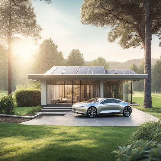 A serene landscape with a sleek, silver electric vehicle parked in front of a modern, angular house, surrounded by lush greenery, with three distinct solar panels mounted on the roof.