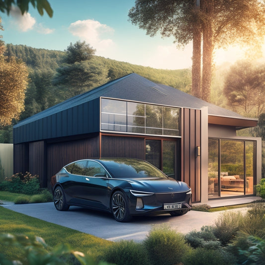 An illustration of a sleek, black electric vehicle parked in front of a modern, sustainable home with a rooftop covered in shiny, silver solar panels, surrounded by lush greenery.