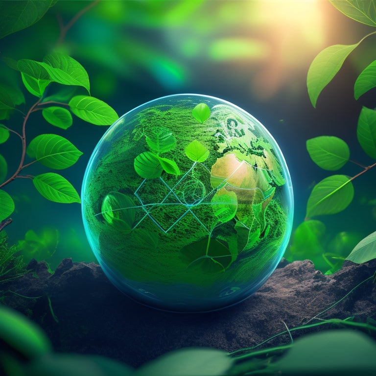 A futuristic illustration of a glowing green globe surrounded by interconnected battery cells, with leaves and vines growing out of them, symbolizing eco-friendly energy storage.