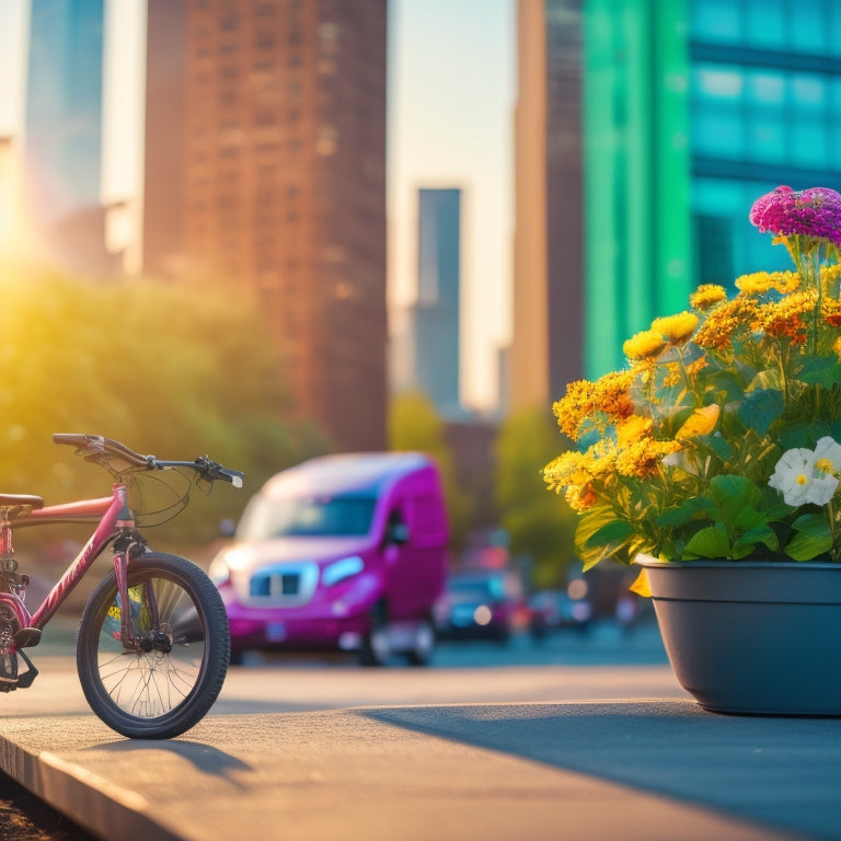 A serene urban morning scene: a skateboard leans against a bike rack, surrounded by vibrant city flowers, with a subtle blurred-out cityscape in the background, showcasing a helmet and gloves nearby.