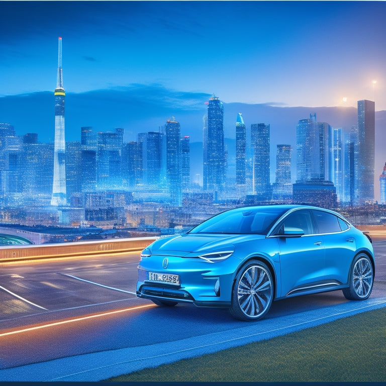 An illustration depicting a sleek, silver electric vehicle with its hood open, revealing a pristine, sparkling clean battery pack with glowing blue circuits, surrounded by cleaning tools and a cityscape in the background.