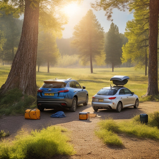 A serene landscape with a parked car, a portable solar panel unfolded on the ground, and a battery pack charging in the shade of a tree, surrounded by camping gear and a few hiking backpacks.