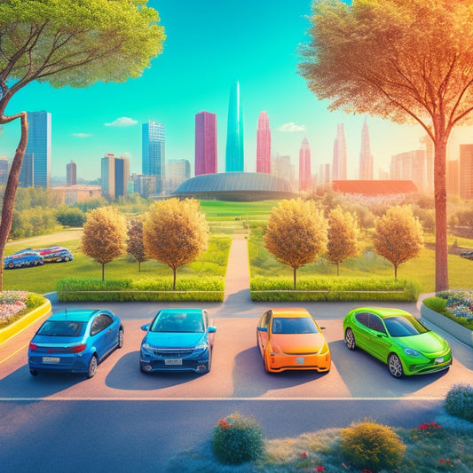 A stylized illustration of a cityscape with five eco-friendly cars of different models and colors parked along a green landscape, surrounded by blooming trees and solar panels.