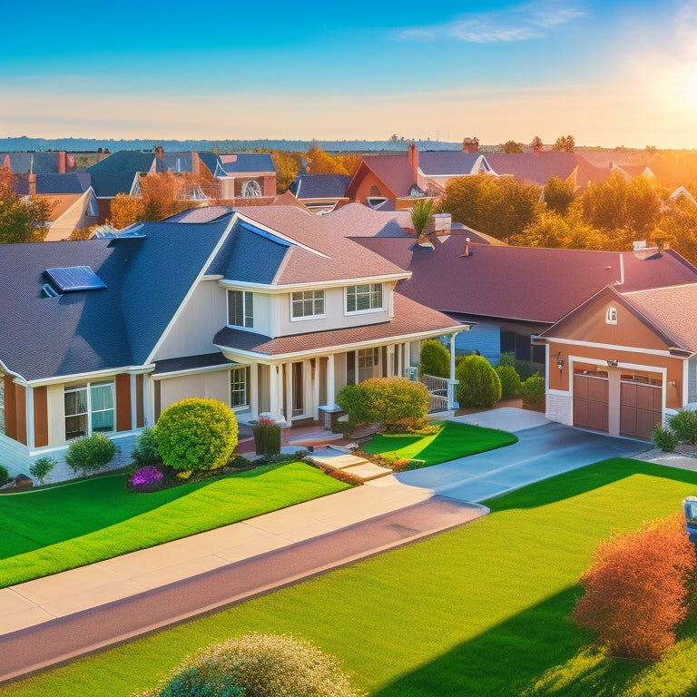 A serene suburban neighborhood with a mix of modern and traditional houses, each with a sleek solar panel system installed on its roof, amidst a clear blue sky with a few fluffy white clouds.