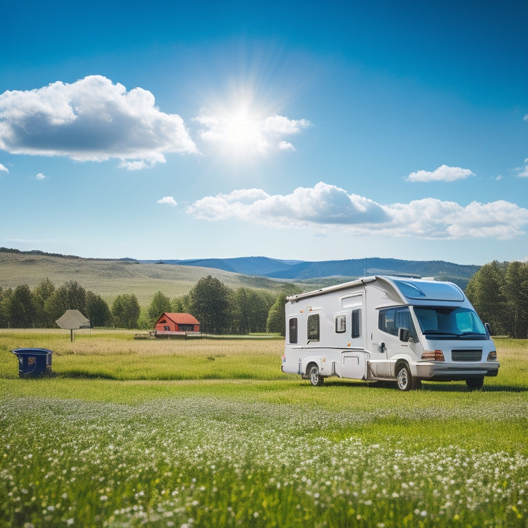 A serene landscape featuring a motorhome parked in a sunny meadow, with three solar panels installed on its roof, surrounded by lush greenery and a bright blue sky with a few puffy white clouds.