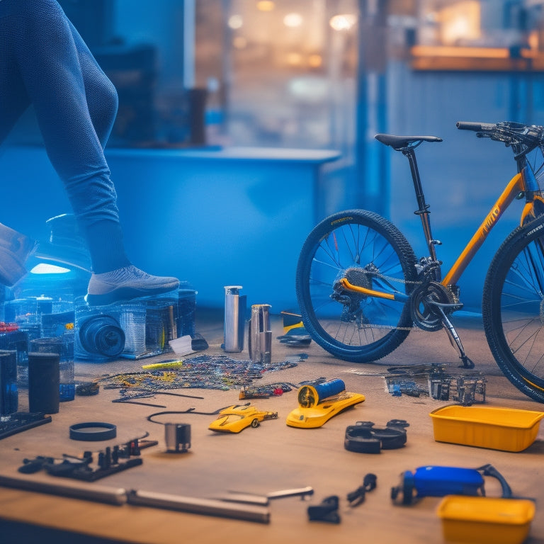 A close-up of a person's hands holding an electric bike conversion kit, with various tools and bike parts scattered around, on a cluttered workbench with a cityscape blurred in the background.