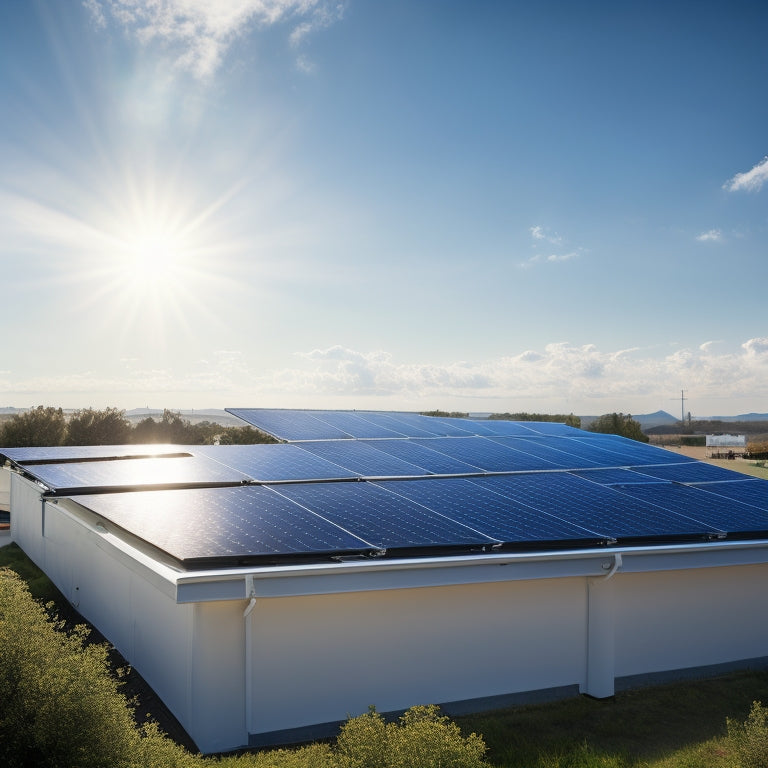 A serene landscape with a modern, sleek, and silver-colored solar panel system installed on a rooftop, set against a bright blue sky with a few puffy white clouds.