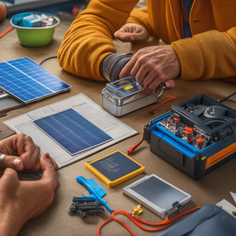 A close-up of a person's hands holding a solar panel and a car battery, with a toolbox and wires in the background, surrounded by diagrams and manuals scattered on a workbench.