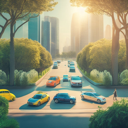 A stylized illustration of a cityscape with 10 sleek, modern cars in various eco-friendly colors, surrounded by lush greenery, with a subtle sun or leaf motif in the background.